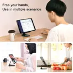 Foldable universal mobile stand holding a smartphone on a desk. - Obeepo.in