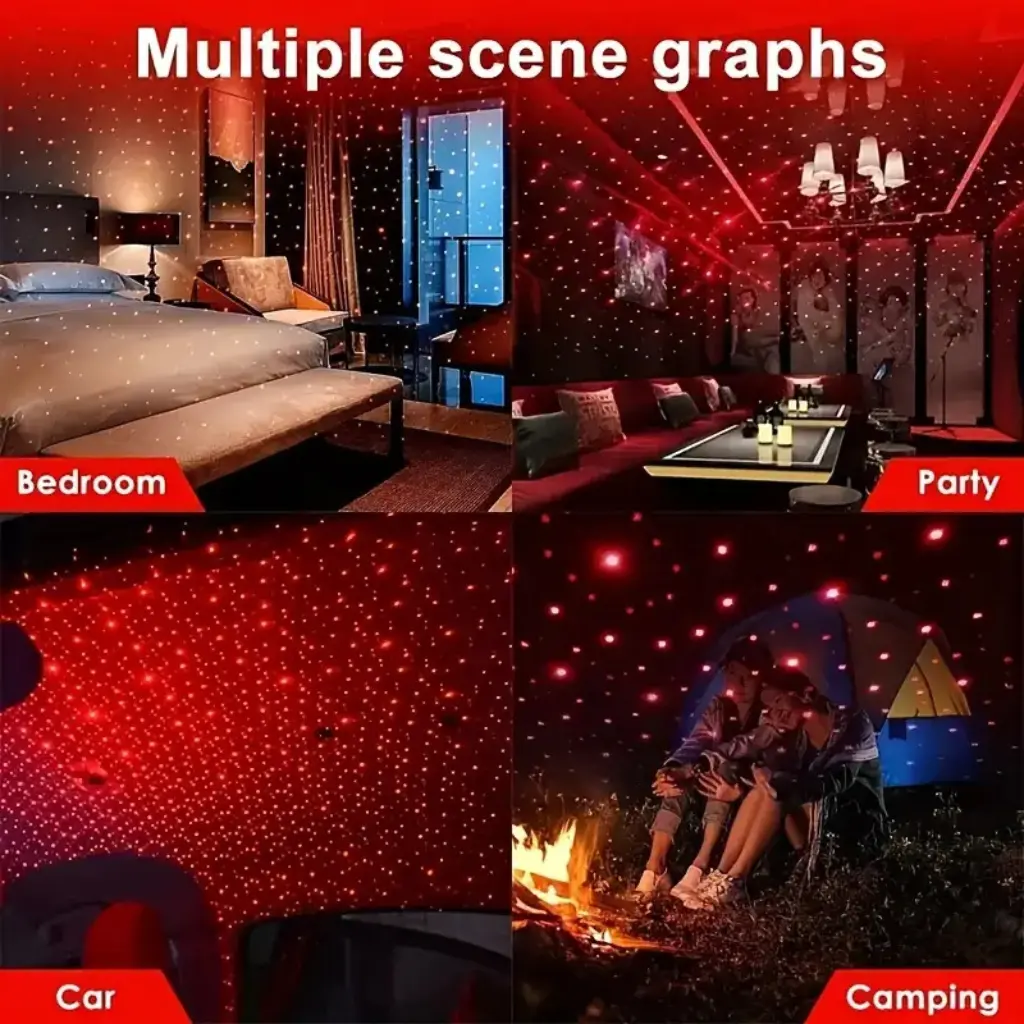 USB Star Projector Night Light creating a romantic starry atmosphere in a car or bedroom. - Obeepo.in